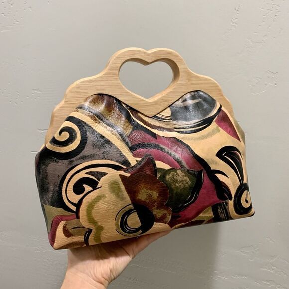 Abstract Print Cowhide Leather Handmade Wooden Frame Bag Includes 2 Strap Styles - Picture 10 of 16